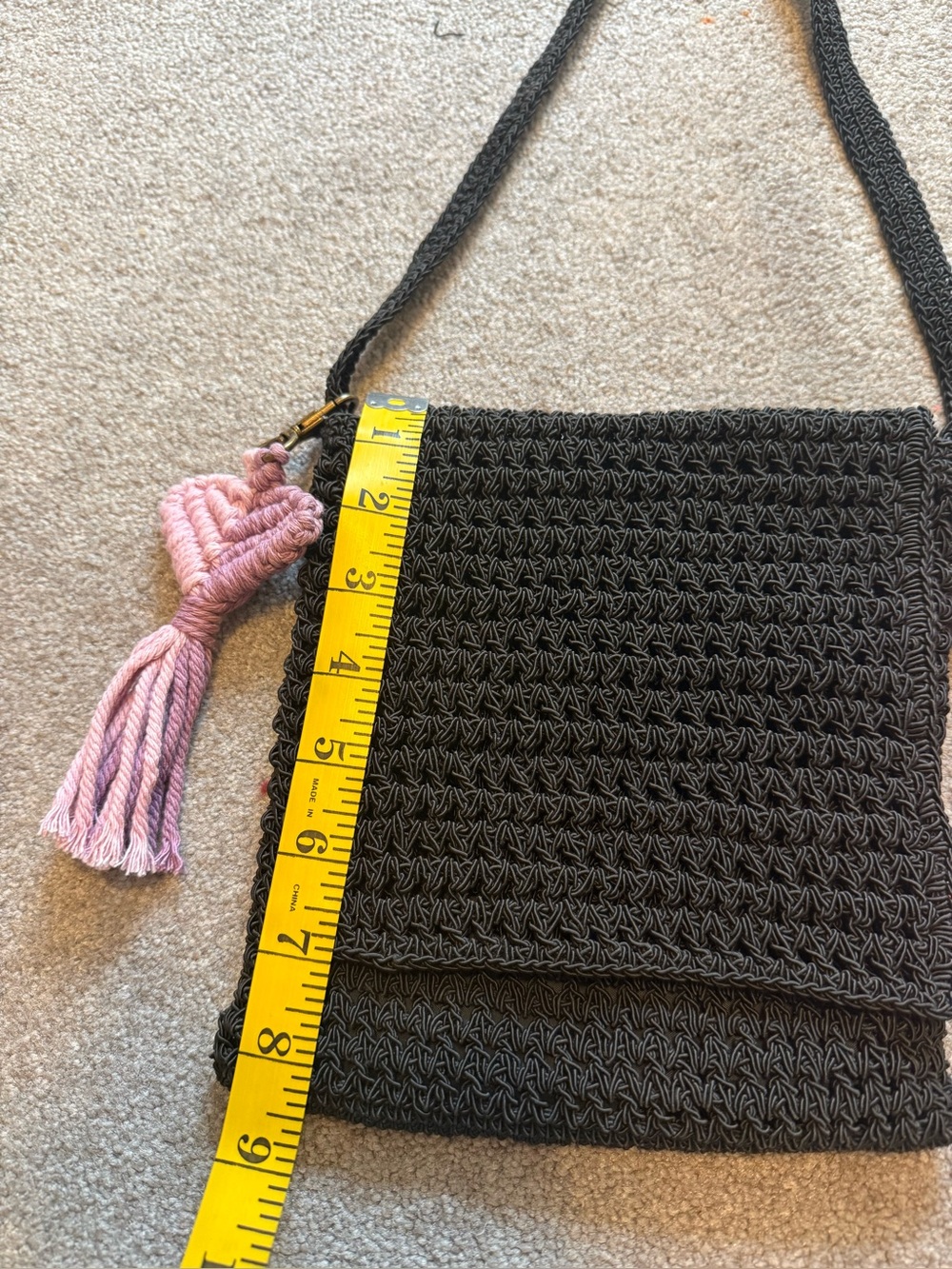 Black Crochet Crossbody Bag with Pink & Lavender Tassels - Picture 7 of 8